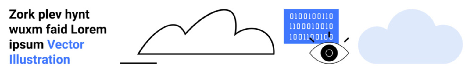 Minimalist design with cloud shapes, eye, and binary code symbolizing storage, security, and data protection. Ideal for tech services, cloud storage, online security, data privacy AI cloud