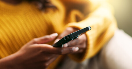 Aufkleber - Hands, connection and using phone on sofa for scroll, typing and text message at home. Female person, network and mobile app for creating profile, chat and explore on dating website in living room