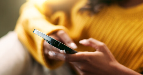 Aufkleber - Hands, connection and using phone in home for typing, scroll and text message on sofa. Female person, networking and mobile app for creating profile, chat and explore on dating website in living room
