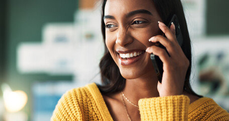 Poster - woman, laugh and business phone call for startup, smiling and communication with client for order or