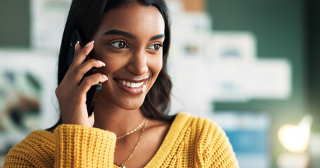 Poster - woman, happy and business phone call for startup, smiling and communication with client for order or
