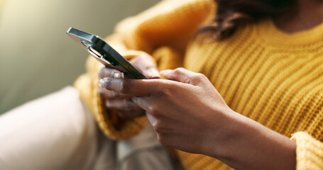 Aufkleber - Hands, connection and phone in home for scroll, typing and text message on couch in living room. Female person, network and mobile app for creating profile, chat and explore on dating website on sofa