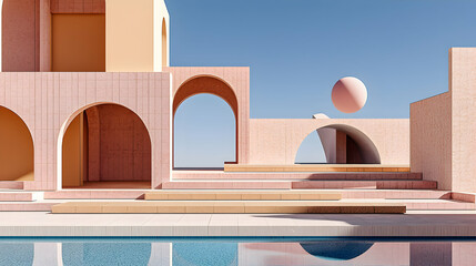 Poster - Geometric Pink Stone Architecture with Pool Reflection
