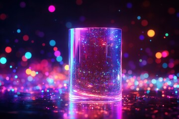 Wall Mural - vibrant, glowing cylinder filled with iridescent glitter, illuminated by neon lights