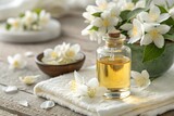 close up spa setting with jasmine essential oil - generated by ai