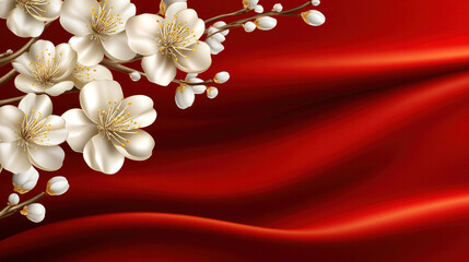Poster - A red background with white flowers on it. The flowers are in the center of the image and are surrounded by a red border. The image has a romantic and elegant mood