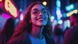 © Nawarit - A group of friends wandering through the city at dusk, with neon signs lighting the streets, City Life, Adventurous and vibrant