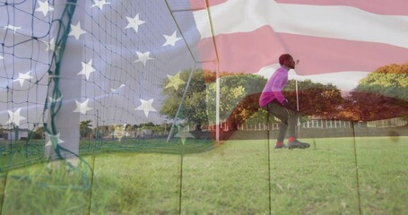 Poster - Practicing soccer on field, player with American flag animation in background