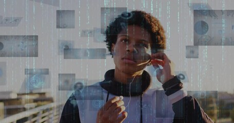 Poster - Adjusting earpiece, child interacting with digital animation overlay in school setting