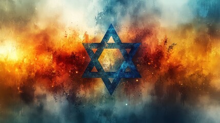 Poster - Vibrant Watercolor Star of David with Colourful Autumn Leaves Abstract Art