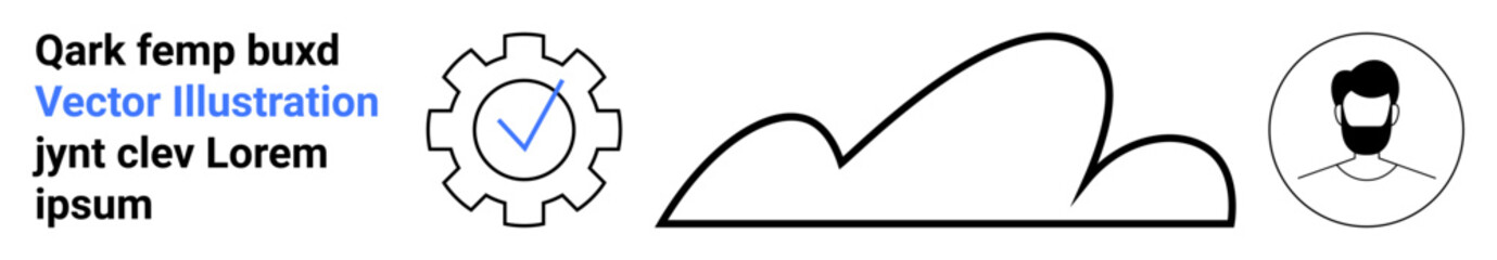 Gear with checkmark, cloud line art, and circular avatar with beard suggest collaboration, cloud technology, user interface, security, profile management, teamwork, or simple landing page
