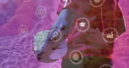 Poster - Holding soccer ball, person interacting with digital animation in vibrant colors