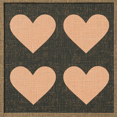 Poster - A black and white photo of four hearts on a tan background. The hearts are small and appear to be made of fabric. The photo has a vintage feel to it