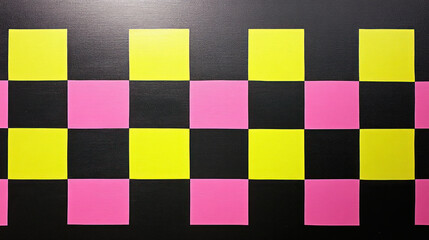 Poster - A checkered pattern is made with tape on a wall. The pattern is made up of black and pink squares