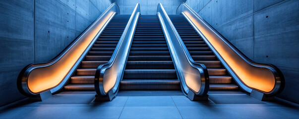 Poster - The escalators are lit up in orange, creating a warm and inviting atmosphere. The stairs are made of gray stone, giving the space a modern and sleek look