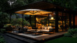 © Wasin Arsasoi - Serene Evening Patio: A stylish patio illuminated by soft lighting, offers a cozy and inviting atmosphere for relaxation and social gatherings, complemented by a lush garden.