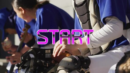 Poster - Baseball players preparing for game with bold pink START animation text nearby