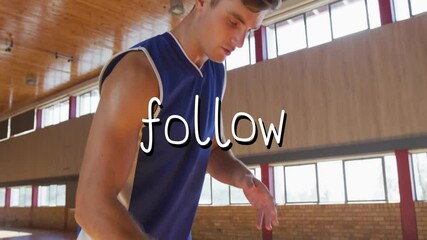 Poster - In gym, basketball player practicing with animation text overlaying scene