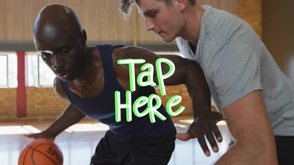 Poster - Playing basketball, two men with Tap Here text overlay in animation scene