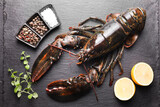 Raw lobster, cut lemon, microgreens and spices on dark textured table, flat lay