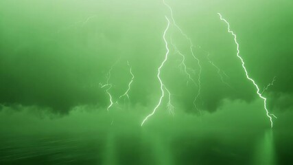 Poster - powerful lightning strikes piercing green chromakey background. illuminating water surface with inte