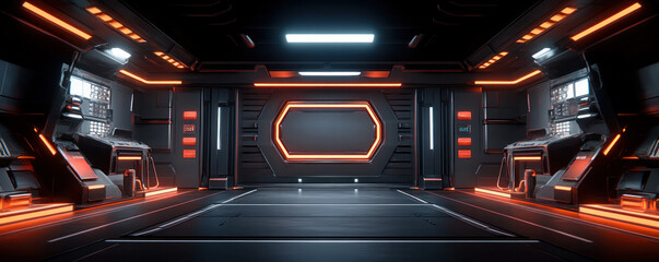 Poster - A futuristic space station with a large, empty room with orange lights. The room is empty and has no furniture or people