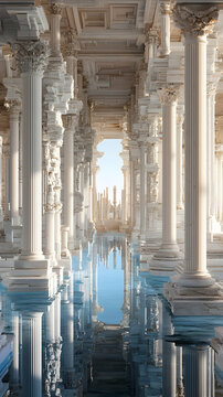 Reflective Hallway with Classical Columns and Blue Water