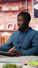 Poster - vertical video call center agents dealing with unsatisfied customers using ai, talking in audio head