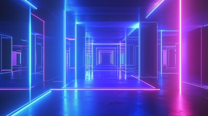 Poster - Futuristic Neon Tunnel with Soft Radiant Lights in Blue Hues