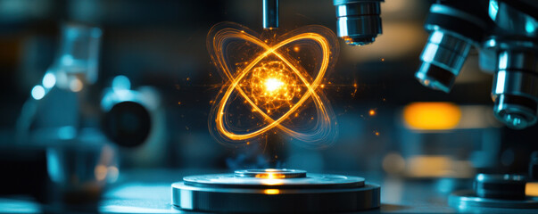 Poster - A glowing sphere of light is suspended above a microscope. Concept of wonder and curiosity about the nature of the glowing sphere and the scientific process of studying it