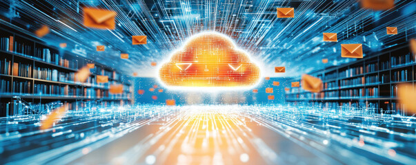Poster - A cloud of emails is floating above a library of books. Concept of a busy, bustling environment where people are constantly communicating and sharing information