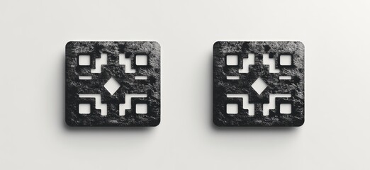 Poster - Black Textured Squares with Geometric Cutout Patterns on White Background