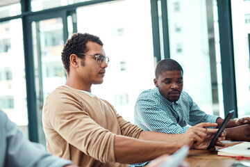 Aufkleber - Teamwork, web designers and people on tablet for research, meeting or info online in creative startup. Planning, men and professional developers in office to work on project and business together
