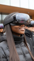 Poster - A woman wearing a virtual reality headset is smiling. She is surrounded by other people, some of whom are wearing hoodies. The scene is lively and fun, with the woman looking forward