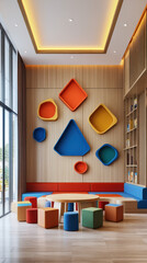 Poster - A colorful room with a blue and red couch and a table with a bunch of colorful stools