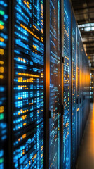 Poster - A row of computer servers with blue and orange lights. The servers are connected to each other and are part of a large network. Concept of technology and efficiency