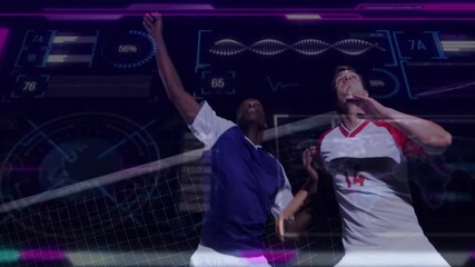 Poster - Two soccer players jumping for ball with digital data animation overlay