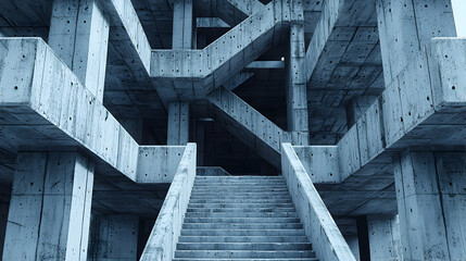 Poster - Abstract Concrete Staircase Architecture: Grey and Blue Geometric Structure