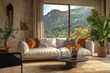 © BerkahStock - Mountain view living room with beige sofa, orange pillows, plants, and wooden coffee table.