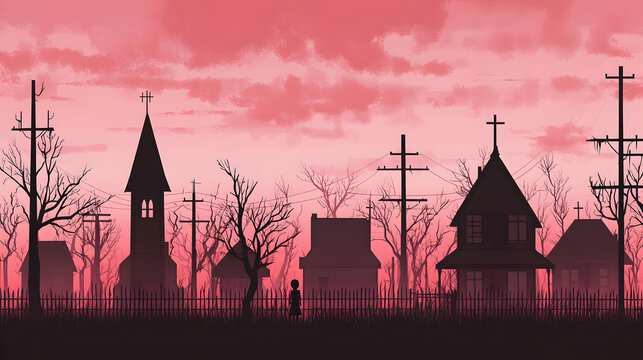 Pink Sunset Silhouette Village Landscape