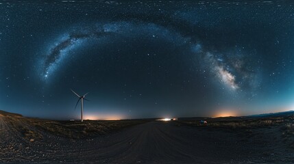 Wall Mural - 360° night panorama of milky way galaxy over a dirt road and wind turbine.