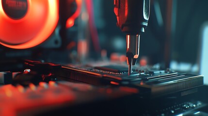 Poster - Close-up view of a drill working on a circuit board inside a computer with ambient red lighting creating a high-tech atmosphere