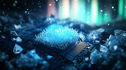 Poster - Close-up view of a digital circuit board with glowing particles emanating from a microchip surrounded by crystalline structures, creating a futuristic atmosphere