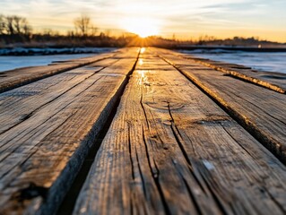 Wall Mural - wooden boardwalk at sunset over frozen lake.