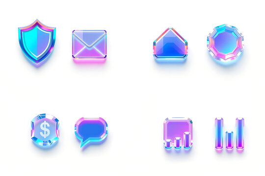 3d rendered colorful set of glass holographic ui icons on white background. crystal shield, email envelope, speech bubble, home, money bill and chart with gradient texture. 