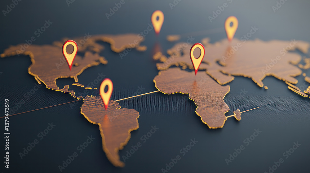 A map of the world with four red pins on it. The map is brown and black ...