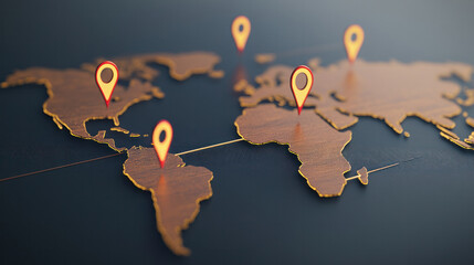 Poster - A map of the world with four red pins on it. The map is brown and black. The pins are placed in different locations on the map