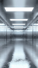 Poster - A long, narrow hallway with a lot of light shining down on it. The walls are made of metal and the floor is shiny