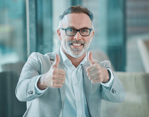 Fototapete - Thumbs up, office and portrait of business man with smile excited for promotion, deal and thank you. Corporate worker, professional and person with hand gesture for approval, agreement and good job