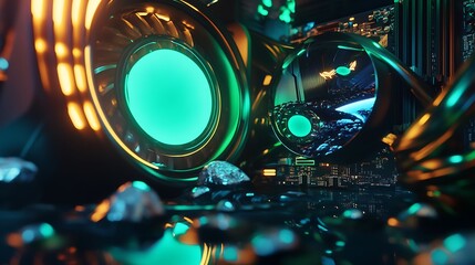 Fototapete - Futuristic digital environment featuring glowing circles and vibrant colors with reflective surfaces and sparkling elements, creating a sci-fi atmosphere